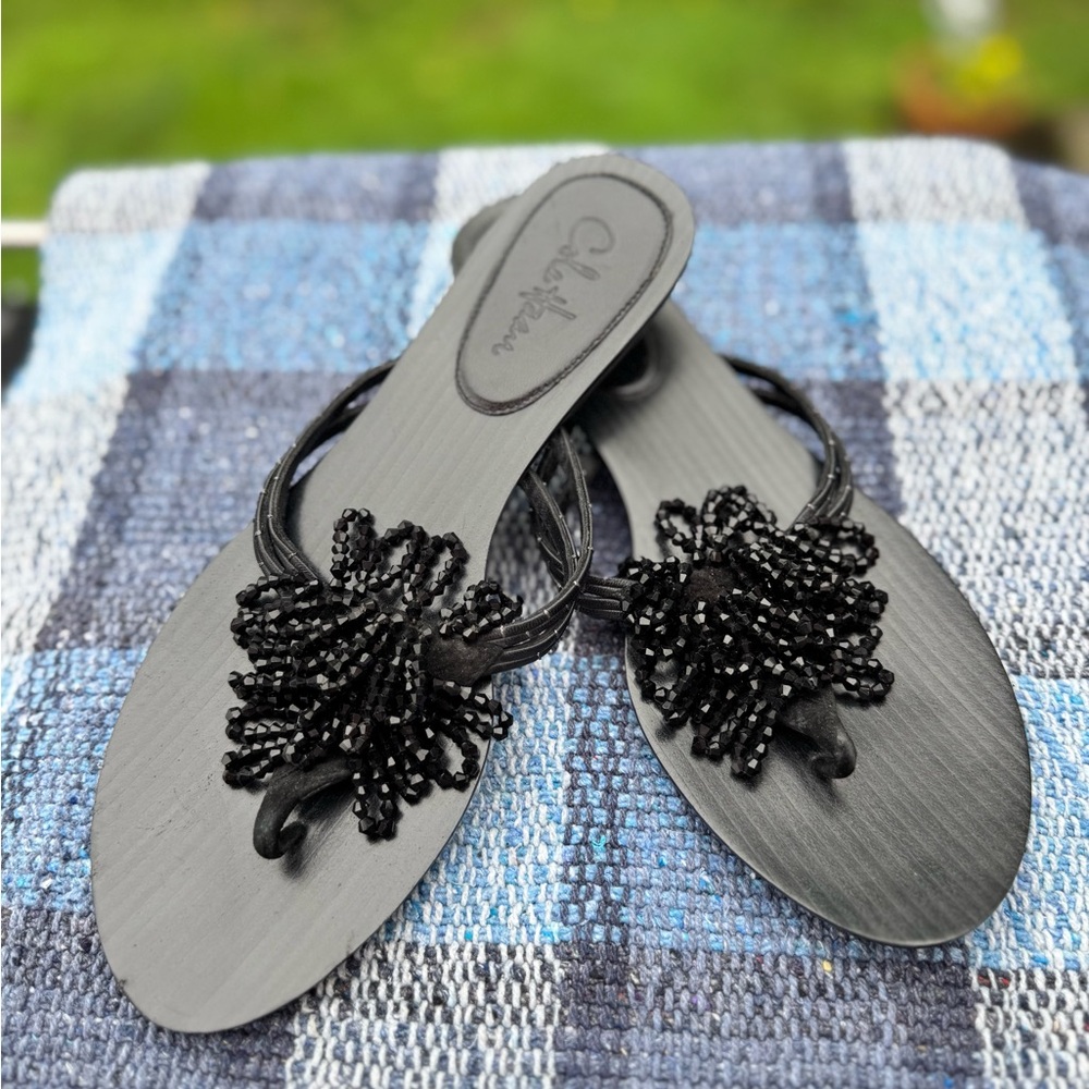 Cole Haan Chic Black Beaded kitten Heel Sandals size 7